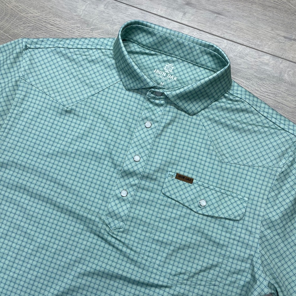 Iron Oak Western Polo Shirt Mens Medium Green Plaid Pearl Snap Short Sleeve